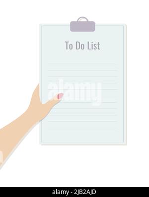 Menschliche weibliche Hand hält leer, um Liste Papier Vorlage Vektor Grafik Illustration zu tun. Vektorgrafik Stock Vektor