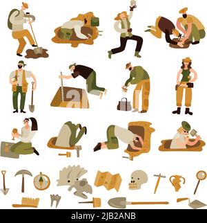 Archäologie Symbole mit Knochen und Ausrüstung Symbole flach isoliert Vektor-Illustration gesetzt Stock Vektor