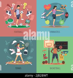 Sport People Design-Konzept mit Fußball Gymnastik Tennis und Basketball flache Symbole isoliert Vektor-Illustration Stock Vektor