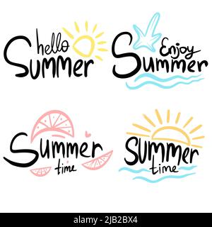 Vector Set von Sommer-Etiketten, Logos, handgezeichnete Tags und Elemente für Sommerurlaub, Reisen, Strandurlaub, Sonne. Stock Vektor