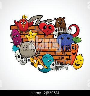 Graffiti Cartoon Tiere Obst und abstrakte Charaktere um Ziegelwand flache Farbe Konzept Vektor Illustration Stock Vektor