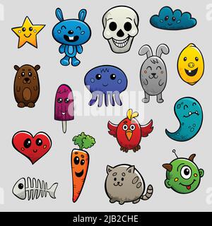 Graffiti Cartoon Figuren abstrakte Tiere und Früchte flach helle Farbe Symbol Set isoliert Vektor Illustration Stock Vektor