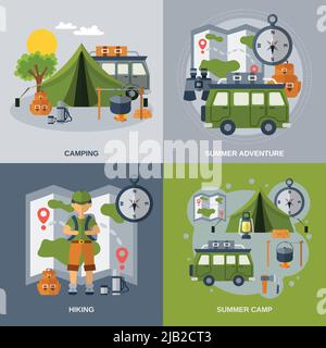 Camping Design-Konzept mit Wandern und Sommer Abenteuer flache Symbole isoliert Vektor-Illustration gesetzt Stock Vektor