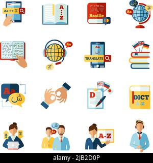 Verschiedene Sprachen Übersetzer und Wörterbuch Symbole setzen isolierte Vektor-Illustration Stock Vektor