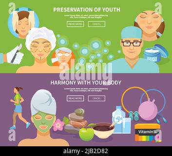 Horizontales Verjüngungsbanner mit isolierten Vektorgrafiken für medizinische Verfahren und Schönheitsbehandlungen Stock Vektor