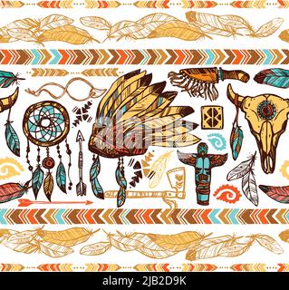 Native american Stil Federn Ornamente Tamburin Krieg Haube und Totems Farbe nahtlose Muster Vektor Illustration Stock Vektor