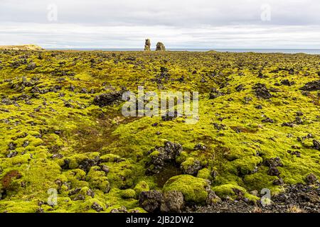 Lóndrangar, ein Paar natürlicher Türme mit Blick auf den Ozean, bestehend aus Basalt-vulkanischen Materialien. Island Stockfoto