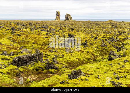 Lóndrangar, ein Paar natürlicher Türme mit Blick auf den Ozean, bestehend aus Basalt-vulkanischen Materialien. Island Stockfoto