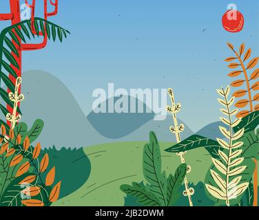 Schöne Sommer-Naturlandschaft mit Bergen, Hügeln, Feld, Wiese Stock Vektor