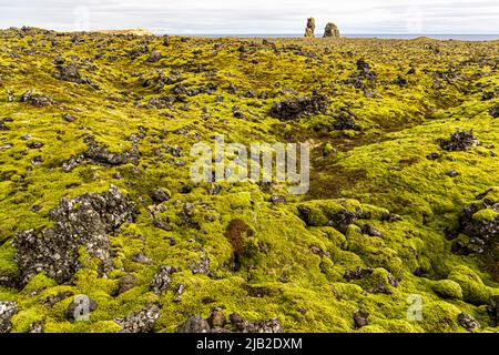 Lóndrangar, ein Paar natürlicher Türme mit Blick auf den Ozean, bestehend aus Basalt-vulkanischen Materialien. Island Stockfoto