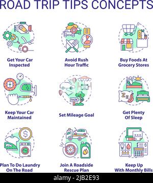 Tipps für Roadtrip – Symbole für das Konzept festgelegt Stock Vektor