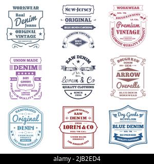 Denim Typografie Embleme Premium-Qualität Arbeits tragen Etiketten setzen isoliert Vektor Illustration Stock Vektor