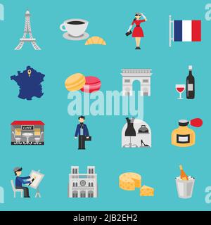 Frankreich Icons flaches Set mit Wein Kaffee und Käse isoliert Vektor-Illustration Stock Vektor