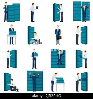 Flache Symbole für Rechenzentren, die mit isolierten Vektorbildern für Server und Techniker versehen sind Stock Vektor