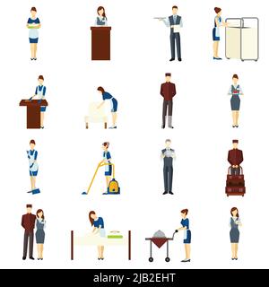 Die flachen Symbole des Hotelpersonals sind mit isolierten Vektorbildern von Zimmermädchen und Kellnern versehen Stock Vektor