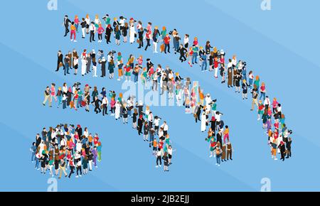 Menge einschließlich Geschäftsleute und Reporter stehen in Form WiFi Zeichen isometrisches Konzept auf blauem Hintergrund Vektor-Illustration Stock Vektor