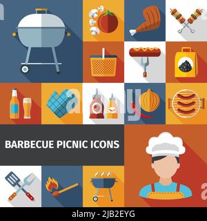 Familienwochenende Grill Picknick flache Ikonen mit bbq Grill und Fleisch mit Bier abstrakte Vektor-Illustration Stock Vektor