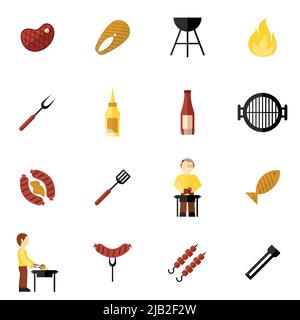 BBQ Grill Icon Flat Set mit Fleisch- und Fischsteaks und Kochgeschirr isoliert Vektorgrafik Stock Vektor