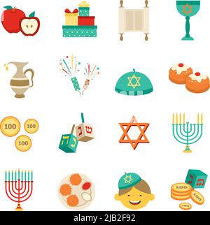 Verschiedene Symbole und Gegenstände der hanukkah Feier flache Symbole setzen isoliert Vektor-Illustration Stock Vektor