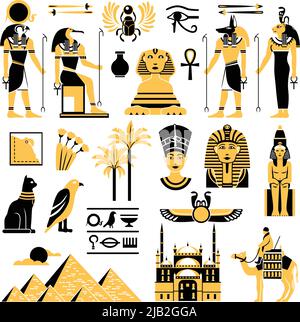 Ägypten Symbole in goldenen und schwarzen Farben mit alten ägyptischen Gottheiten Pyramide und Minarett flache Vektor-Illustration gesetzt Stock Vektor