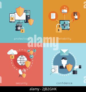 Design-Konzept für Informationssicherheit mit Sicherheit Zuverlässigkeit Sicherheit und Vertrauen flache Symbole isoliert Vektor-Illustration Stock Vektor