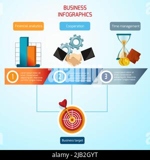Business-Infografiken mit Finanzanalyse Zusammenarbeit Zeitmanagement Symbole Vektor-Illustration gesetzt Stock Vektor