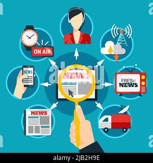 Medien runde Symbole auf frischen Nachrichten Thema in Papier und elektronischen Formen flache Vektor-Illustration gesetzt Stock Vektor