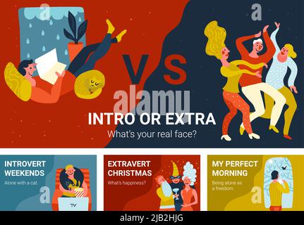 Satz von horizontalen Bannern mit introvertierter und extravertierter Vektorgrafik in verschiedenen Situationen Stock Vektor