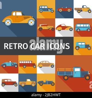 Alte Autos und Retro-Autos flache Symbole setzen isolierte Vektor-Illustration Stock Vektor