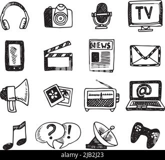 Medien- und News-Symbole Skizze Set mit Megaphon Zeitungskopfhörer isoliert Vektor-Illustration Stock Vektor