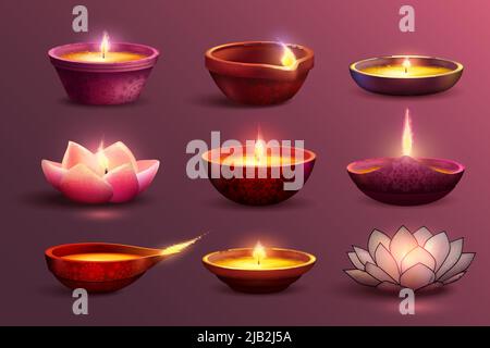 Diwali Feier Set mit dekorativen bunten Bildern von brennenden Kerzen mit verschiedenen Muster und Form Vektor Illustration Stock Vektor