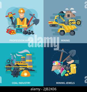 Bergbau-Design-Konzept mit Kohle-Industrie und professionelle Bergmann flache Symbole isoliert Vektor-Illustration gesetzt Stock Vektor