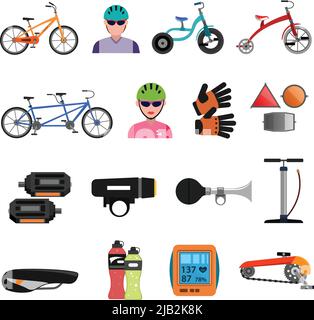 Fahrrad Sport Icons Flat Set mit Fahrrad Zubehör isoliert Vektor-Illustration Stock Vektor