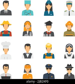 Flacher Avatar Beruf Set mit Stewardess Arbeiter Polizist isoliert Vektor-Illustration Stock Vektor