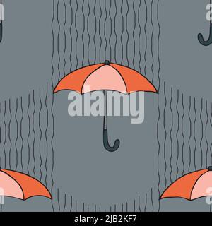 Nahtloses Vektor-Muster mit Regenschirmen auf grauem Hintergrund. Künstlerische Wetter Saison Tapete Design. Dekorative Lifestyle Mode Textil. Stock Vektor