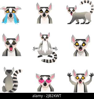 Lemur polygonalen Satz von isolierten großen Cartoon-Stil-Symbole mit macaco-Charakter-Bilder, die verschiedene Emotionen Vektor-Illustration Stock Vektor