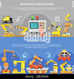 Zwei horizontale Roboterarm-Komposition mit mechanischen Manipulatoren und Beschreibung der Montagelinie Vektorgrafik Stock Vektor