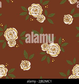 Nahtloses Vektor-Muster mit Vintage-Rosen auf braunem Hintergrund. Schlichtes Zigeunertapeten-Dessin mit Blumenmuster Dekorative romantische Blume Mode Textil. Stock Vektor