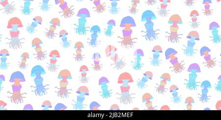Bunte Seegrußfische isoliert auf Weiß. Seamless Muster mit Skizze von Quallen. Design im flachen Stil für Drucke, von Kleidung, Textilien, Wrappi Stock Vektor