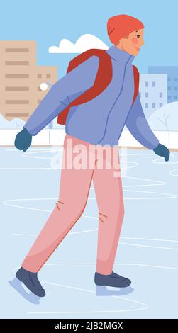 Mann Eislaufen in Winterparklandschaft. Aktivität in der kalten Jahreszeit. Vektorgrafik Stock Vektor