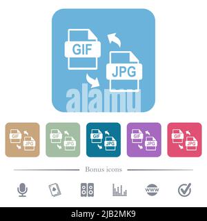 GIF JPG-Dateikonvertierung weiße flache Symbole auf abgerundeten quadratischen Hintergründen. 6 Bonus-Symbole enthalten Stock Vektor