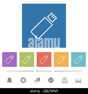 Pendrive Umrisse flache weiße Symbole in quadratischen Hintergründen. 6 Bonus-Symbole enthalten. Stock Vektor