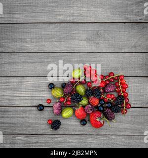 Beerenmischung - Johannisbeeren, Stachelbeeren, Maulbeeren, Erdbeeren auf einem hölzernen Hintergrund mit Kopierfläche. Sommerkonzept. Stockfoto