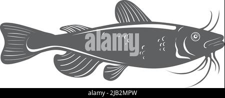 Wels-Symbol. Schwarze Fischsilhouette. Seafood-Logo auf weißem Hintergrund isoliert Stock Vektor