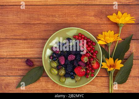 Berry mix - Johannisbeeren, Stachelbeeren, Maulbeeren, Erdbeeren auf einer grünen Untertasse mit gelben Blüten auf einem Holzhintergrund mit Platz für Design. Summe Stockfoto
