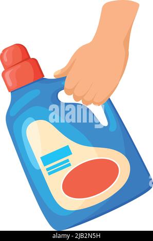 Waschmittel in der Hand halten. Cartoon-Symbol für den Haushalt auf weißem Hintergrund isoliert Stock Vektor