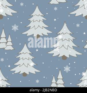 Nahtloses Vektormuster mit einfachem Winterwald auf blauem Hintergrund. Weihnachtliche Tapeten im festlichen Dessin. Dekorative Schnee Saison Mode Textil. Stock Vektor