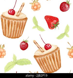 Aquarell Nahtloses Muster mit Muffins. Aquarell-Handbemalung mit Obstkuchen. Handzeichnung Aquarell Illustration. Desserts. Süß Stockfoto