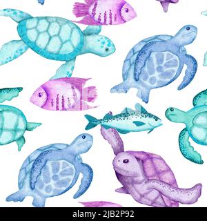 Aquarell handgezeichnete nahtlose Muster mit Unterwassermarine nautische Tiere Muscheln Fische. Lila blaue Seepferd Algen Quallen, Meer Meer Sommer Urlaub Strand Hintergrund, türkisfarbenes Stoffdruck Stockfoto
