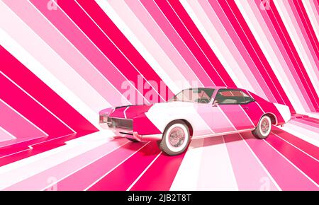 Oldtimer und Hintergrund mit roten und rosa Streifen. 3D Rendern Stockfoto